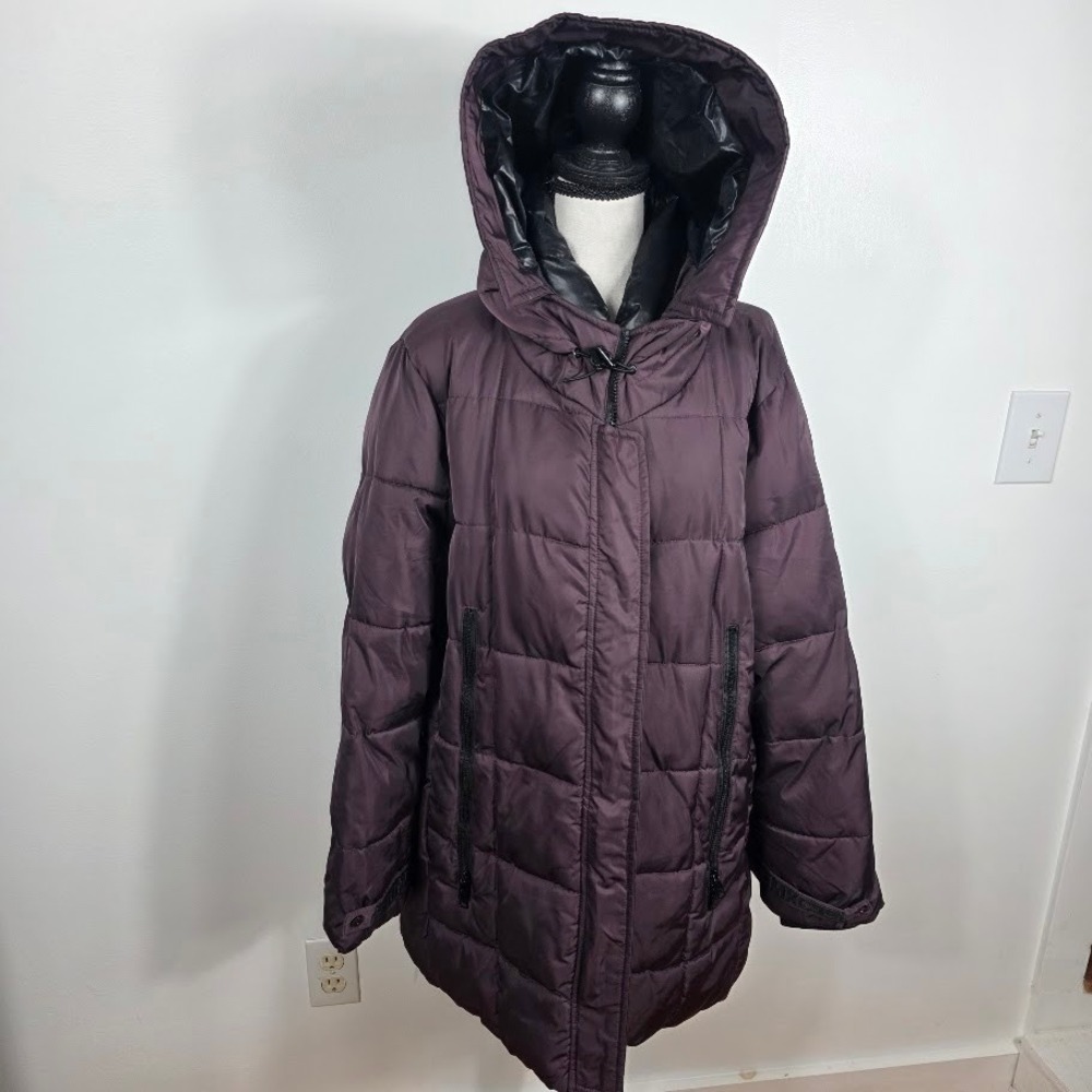 Steve Madden Puffer Coat Women's 1X Plum Hooded Zip Front Quilted Jacket